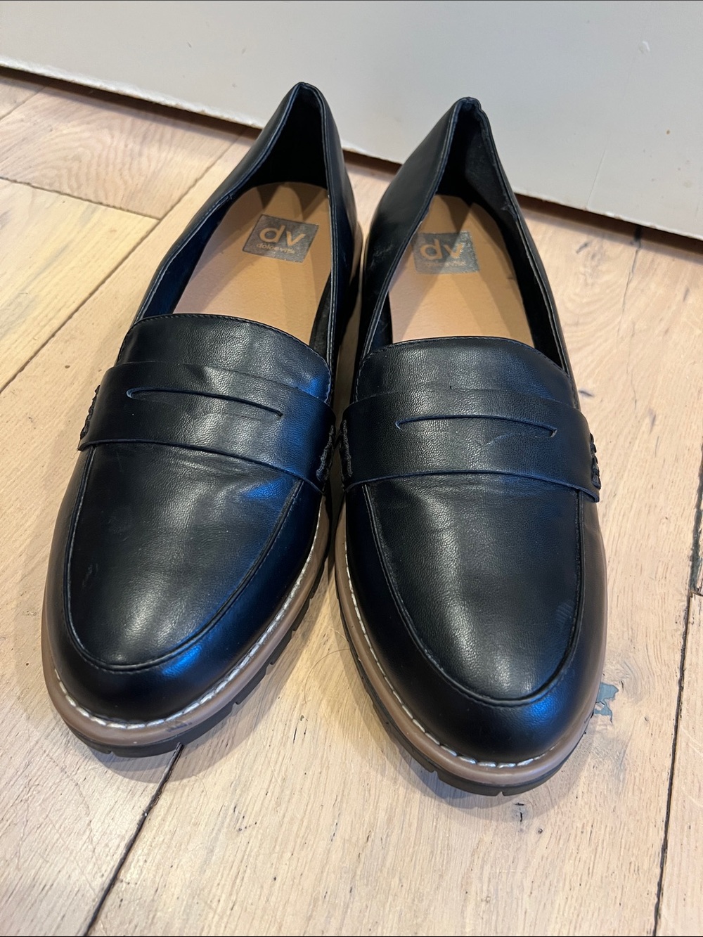 DV by Dolce Vita Black Leather Penny Loafers with Tan Trim